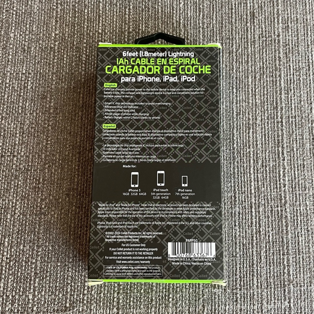 6 feet (1.8meterl Lightning 1Ah COILED CABLE CAR CHARGER for iPhone, iPad, iPod - Picture 2 of 2